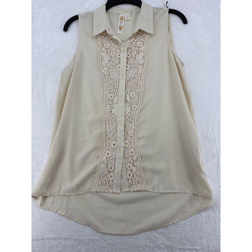Adiva Sleeveless Top Womens Medium‎ Blouse Cream Lace Front High Low Button Down